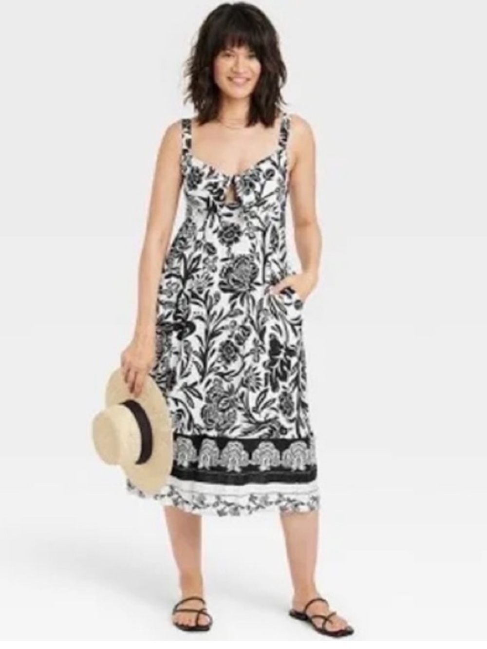 Knox Rose Black White Floral Tie-Front Midi Pockets Dress Women’s Small